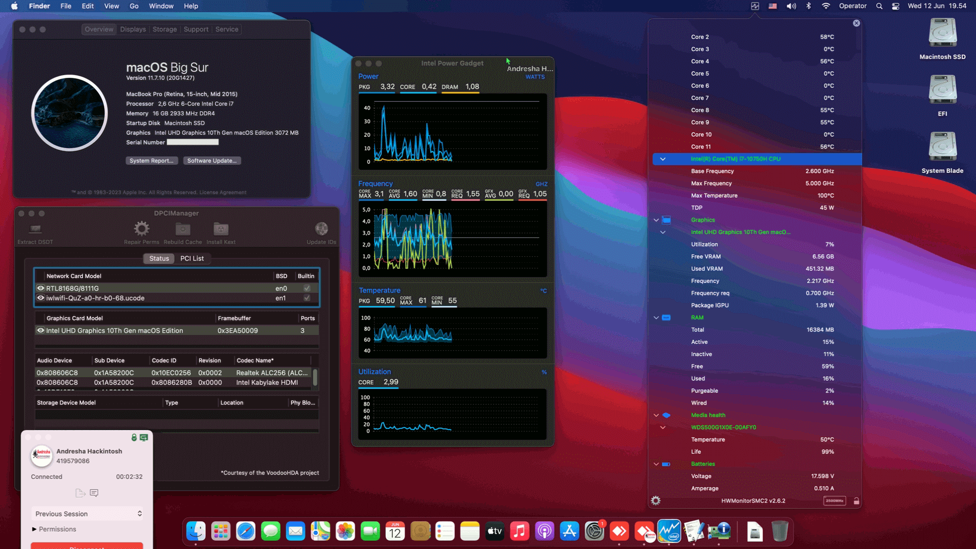 Success Hackintosh macOS Big Sur 11.7.10 Build 20G1427 in Razer Blade 15 RZ09-03287E72 4K